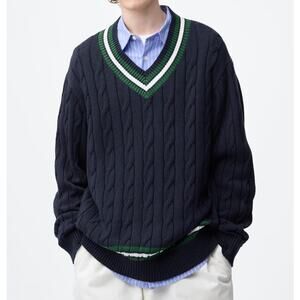 GU (Uniqlo) Cotton Tilden V Neck Sweater in Navy Stripe